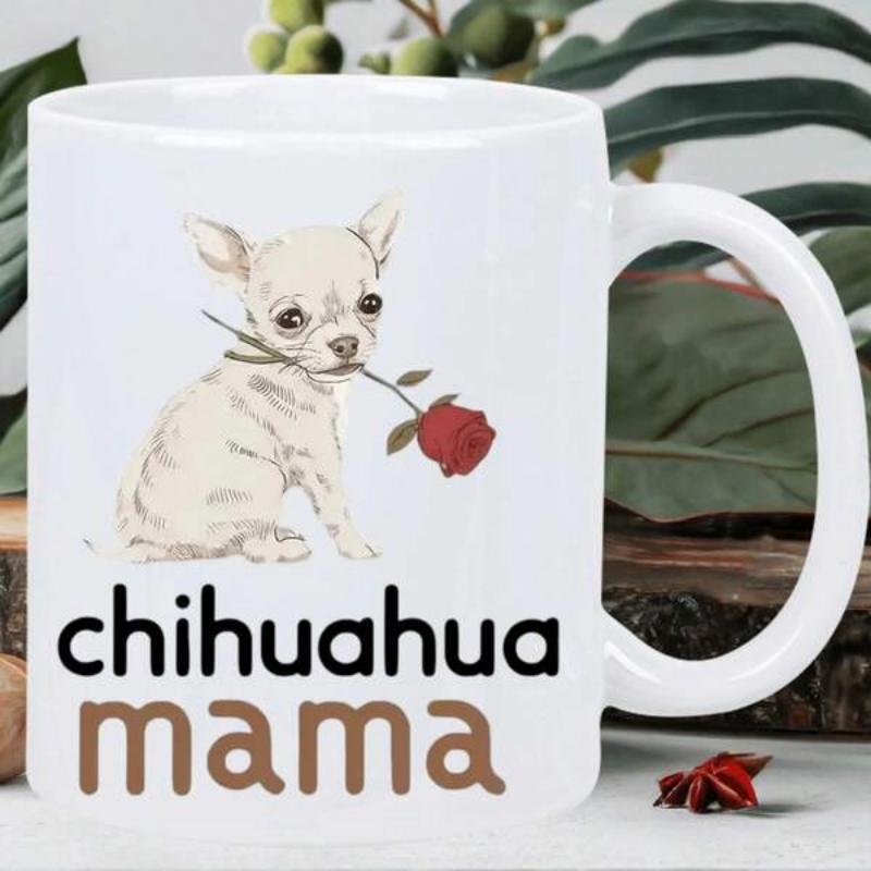 Tailorly White Ceramic 11 oz Mug - Chihuahua Mama Sitting Cream Dog Holding A Vibrant Red Stemmed Rose Chihuahua