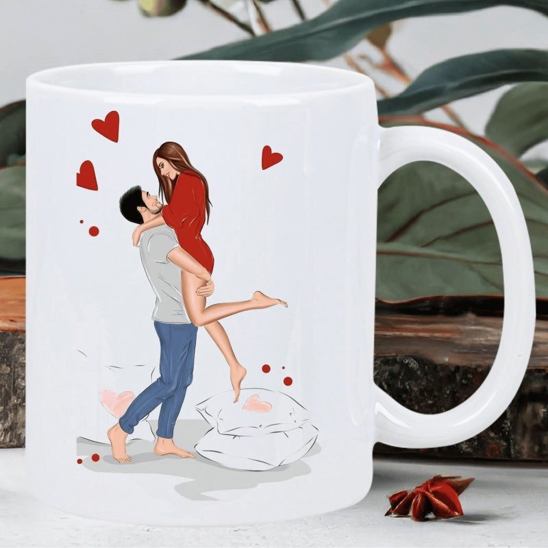 Tailorly White Ceramic 11 oz Mug - Romantic Couple Embracing In Mid Air Surrounded By Floating Red Hearts Couple