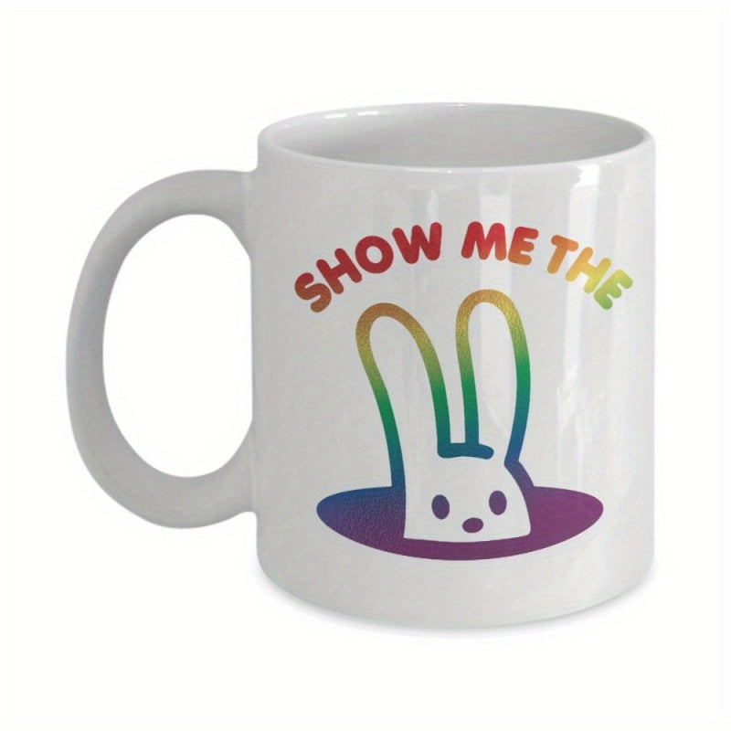 Tailorly White Ceramic 11 oz Mug - Show Me The Colorful Rainbow Gradient Peeking Out From A Deep Hole Bunny