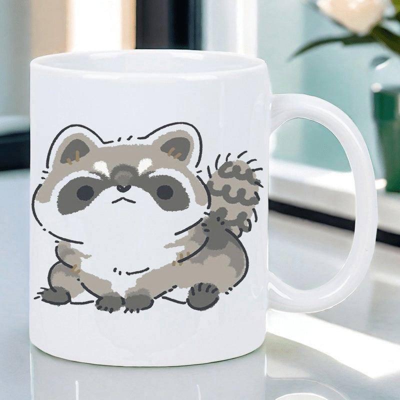 Tailorly White Ceramic 11 oz Mug - Adorable Cartoon Character Sitting Peacefully With Fluffy Fur And Bushy Tail Raccoon