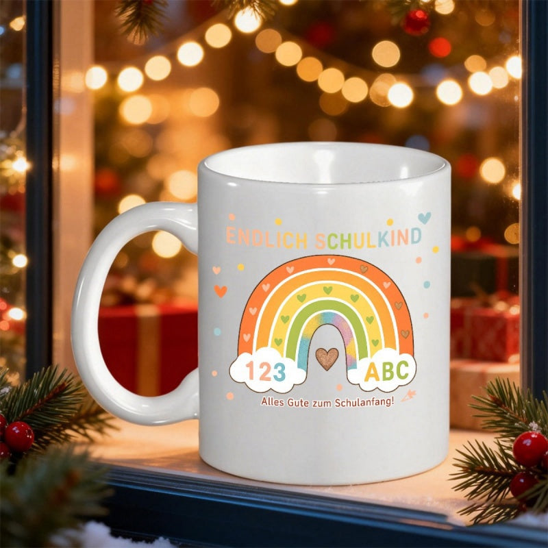 Tailorly White Ceramic 11 oz Mug - ABC 123 Vibrant Colorful Rainbow Featuring Soft Clouds And Hearts Among Educational Motifs Rainbow