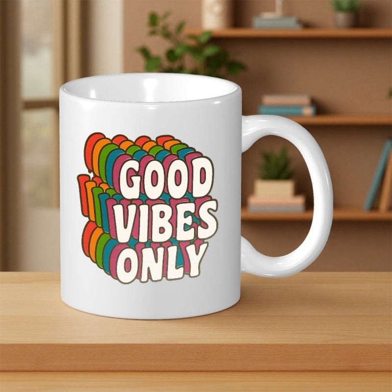 Tailorly White Ceramic 11 oz Mug - Good Vibes Only Colorful Retro Rainbow Palette Featuring Layered Three Dimensional Perspective Artistic Design Sign