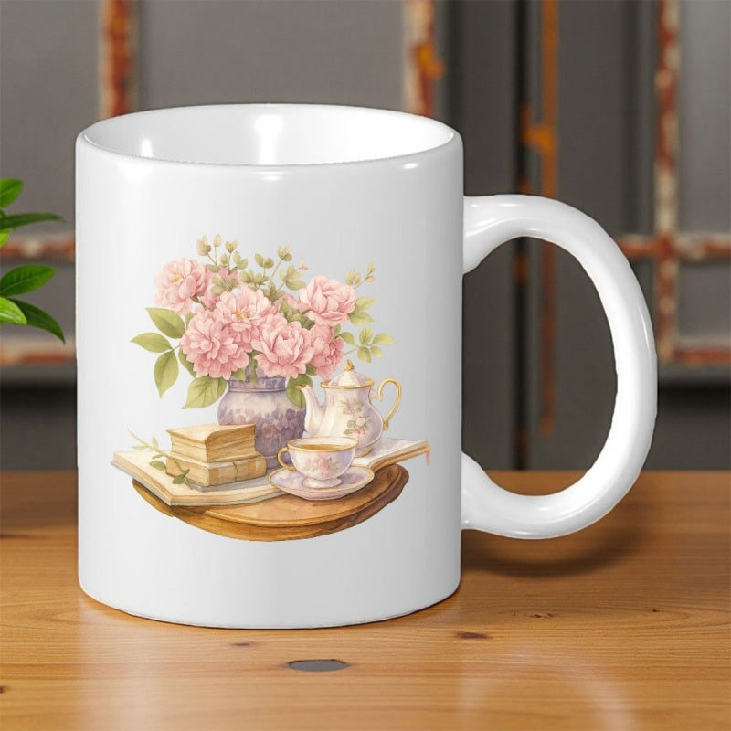 Tailorly White Ceramic 11 oz Mug - Vintage Blooming Pink Roses Beside Old Stacked Books And Teapot Rose