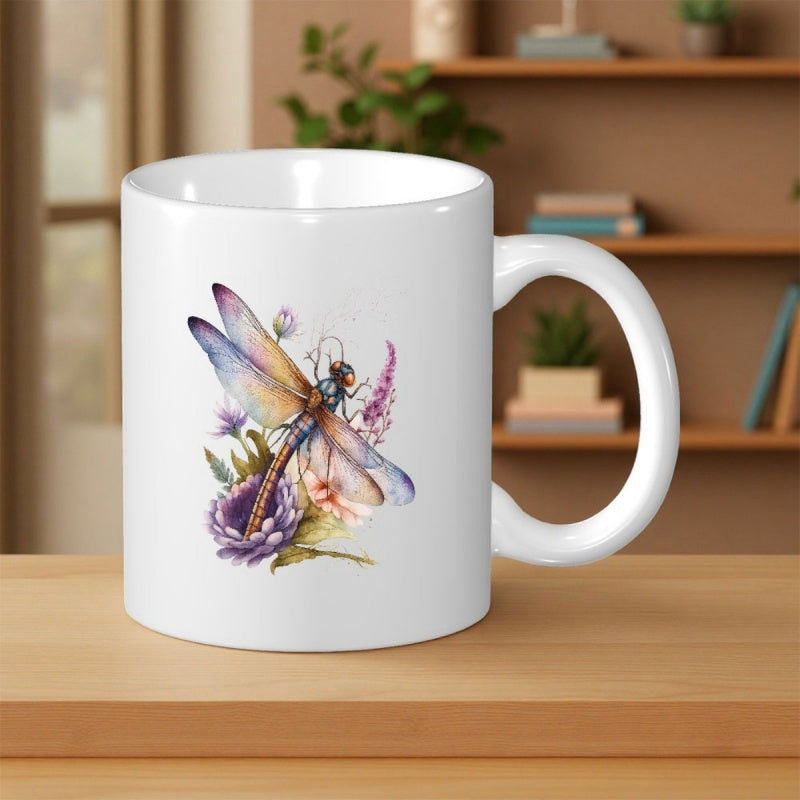 Tailorly White Ceramic 11 oz Mug - Graceful Winged Insect Perched On Vibrant Watercolor Flowers Dragonfly