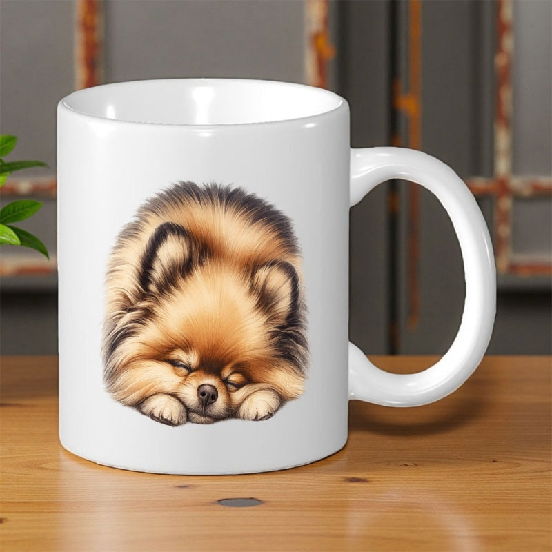 Tailorly White Ceramic 11 oz Mug - Adorable Sleeping Fluffy Brown Furry Little Dog With Tiny Paws Resting Pomeranian