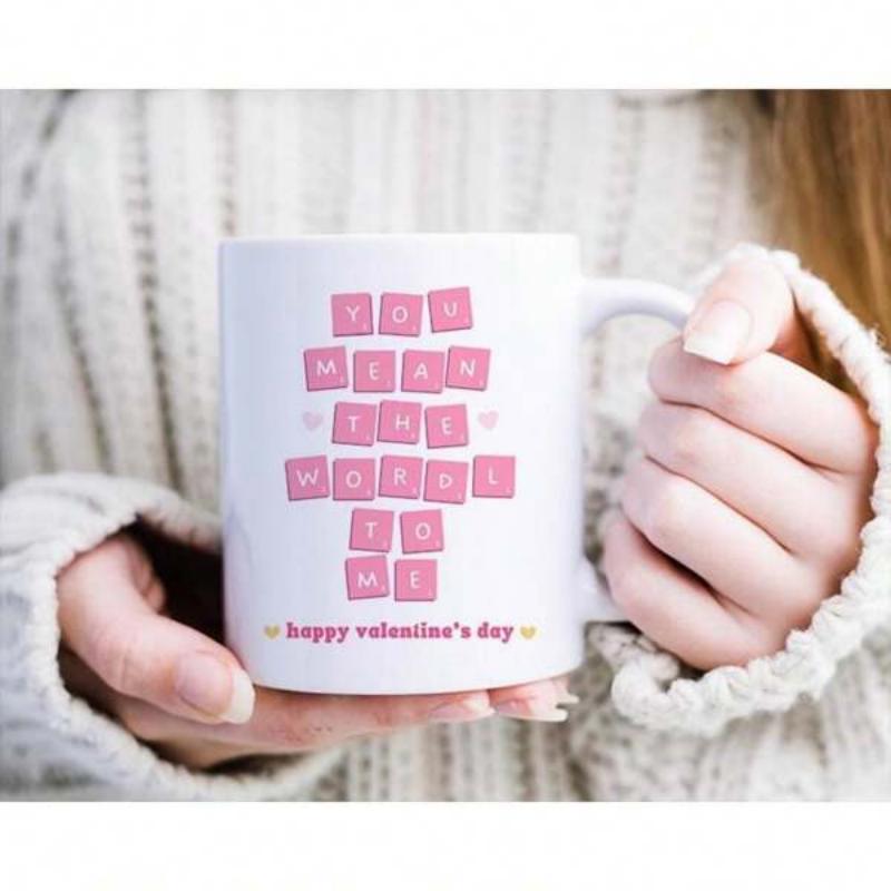 Tailorly White Ceramic 11 oz Mug - You Mean The World To Me Happy Valentines Day Arranged Pink Square Tiles Featuring Small Hearts And Romantic Aesthetic Mug
