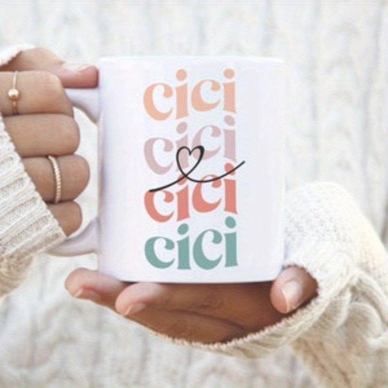 Tailorly White Ceramic 11 oz Mug - Cici Pastel Colorful Retro Style Repeated Typographic Design With Delicate Heart Mug