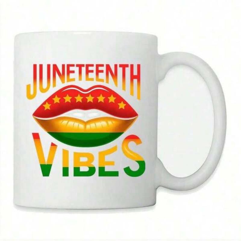 Tailorly White Ceramic 11 oz Mug - Juneteenth Vibes Colorful Pan African Style Mouth With Golden Stars Patterned Lips
