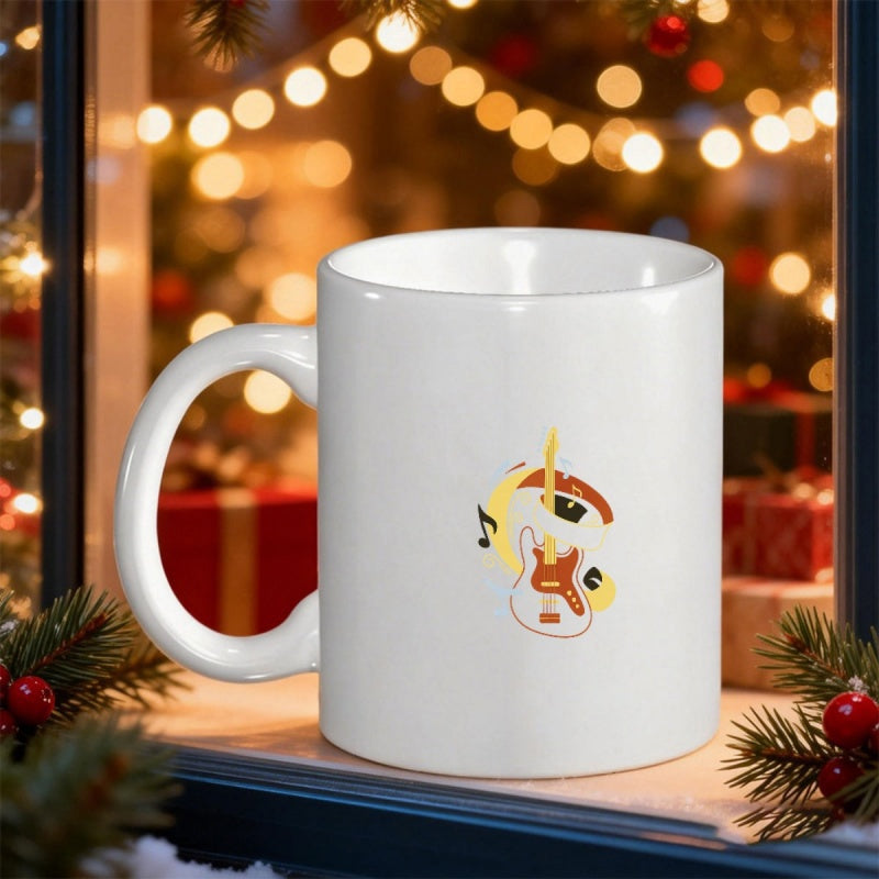 Tailorly White Ceramic 11 oz Mug - White Electric Guitar Resting Among Musical Notes Within A Crescent Moon Guitar