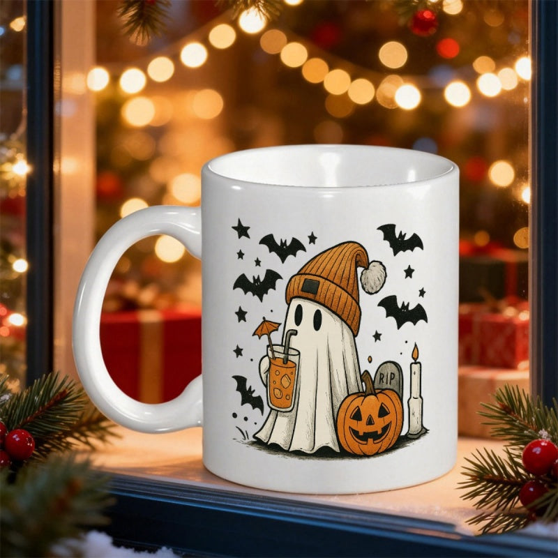 Tailorly White Ceramic 11 oz Mug - Cute Cartoon Ghost Wearing Beanie Holding Drink With Bats And Pumpkin Ghost