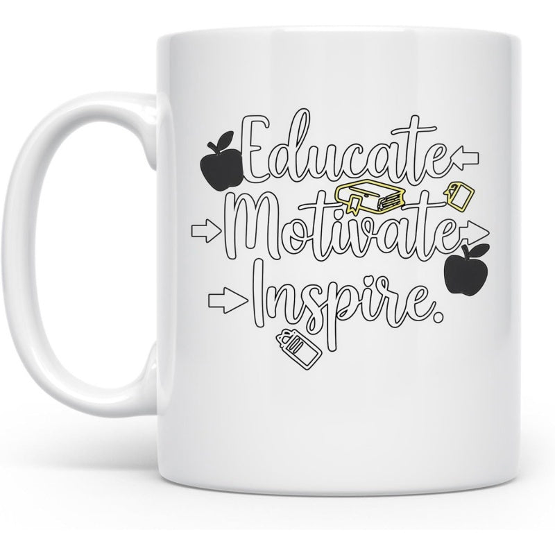 Tailorly White Ceramic 11 oz Mug - Educate Motivate Inspire Classroom Stationery Elements With Arrows And Minimalist Black Silhouette Apple