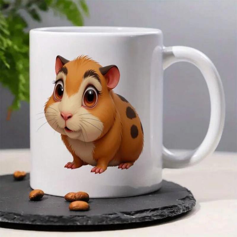 Tailorly White Ceramic 11 oz Mug - Adorable Fluffy Brown Spotted Creature Sitting Peacefully On White Surface Guinea Pig