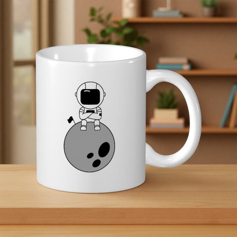 Tailorly White Ceramic 11 oz Mug - Minimalist Cartoon Character Sitting On A Small Gray Cratered Moon Astronaut