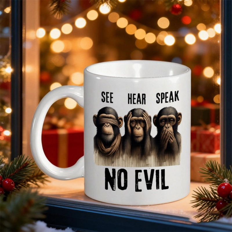 Tailorly White Ceramic 11 oz Mug - See Hear Speak No Evil Three Realistic Chimpanzees Posing In Classic Wise Monkey Gesture Monkey
