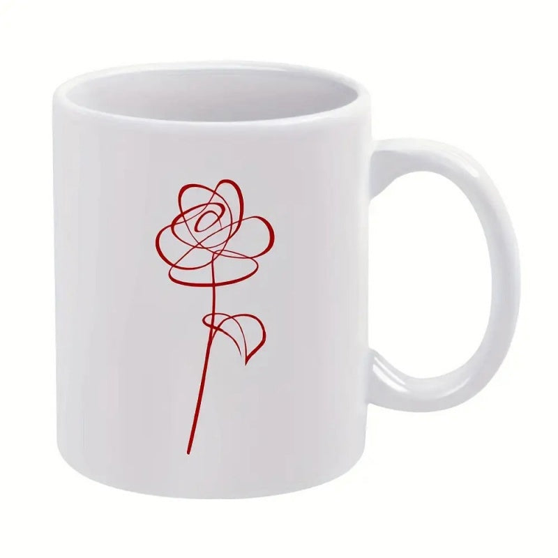 Tailorly White Ceramic 11 oz Mug - Elegant Minimalist Hand Drawn Single Line Red Scribble Floral Design Rose