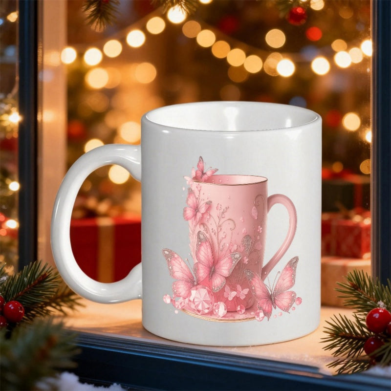 Tailorly White Ceramic 11 oz Mug - Delicate Pink Ornamental Cup Decorated With Flowers And Graceful Butterfly