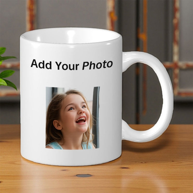 Tailorly White Ceramic 11 oz Mug - Add Your Photo Happy Little Girl Smiling Upward Against A Soft Blurred Indoor Background Portrait