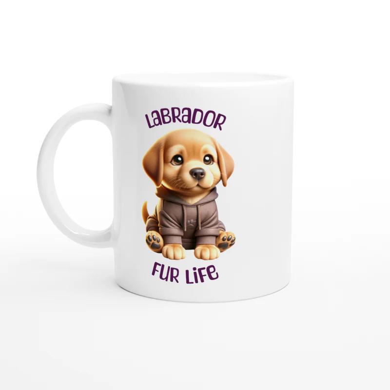Tailorly White Ceramic 11 oz Mug - Labrador Fur Life Adorable Small Puppy Wearing Brown Hoodie Sitting In Peaceful State Labrador