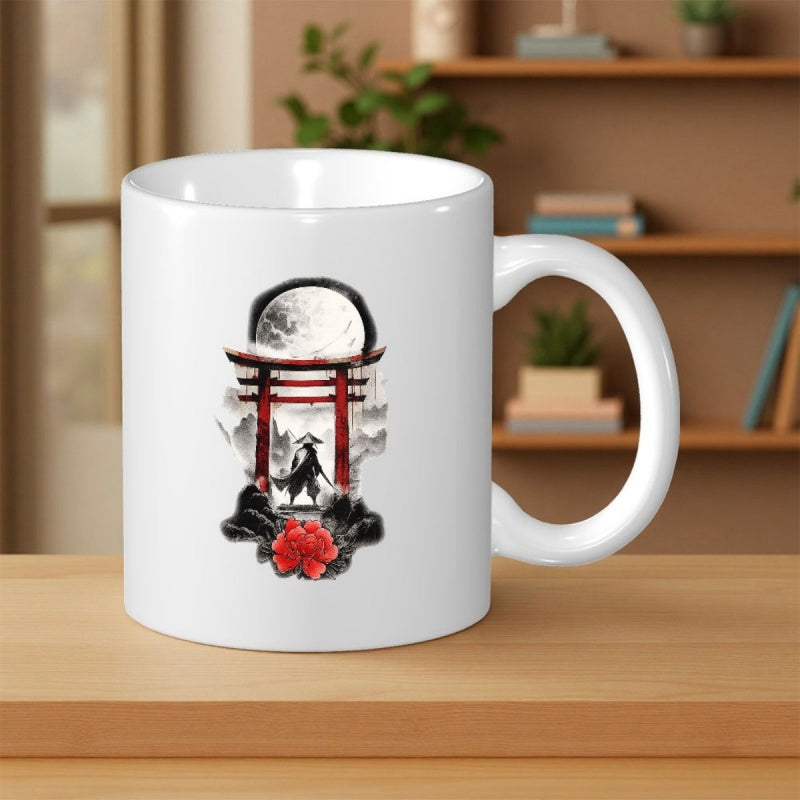 Tailorly White Ceramic 11 oz Mug - Ancient Red Torii Gate Under Full Moon With Lone Warrior And Blooming Red Flower Samurai