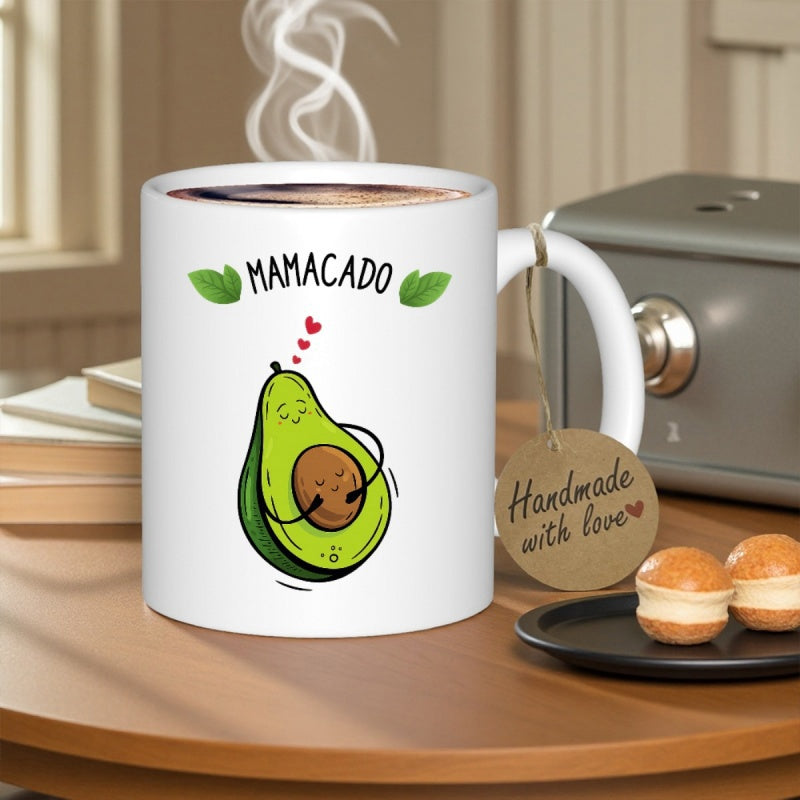 Tailorly White Ceramic 11 oz Mug - Mamacado Cute Smiling Cartoon Avocado Hugging A Seed With Small Red Hearts Avocado