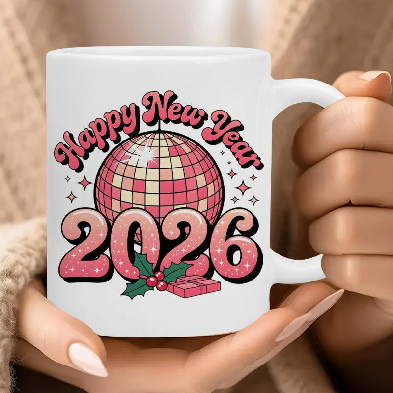 Tailorly White Ceramic 11 oz Mug - Happy New Year 2026 Retro Festive Pink Glittering Ornament With Green Holly Leaves And Berries Disco Ball