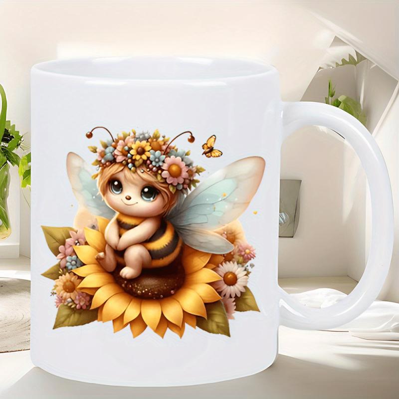 Tailorly White Ceramic 11 oz Mug - Adorable Character With Floral Crown Sitting Atop A Large Golden Summer Sunflower Bee