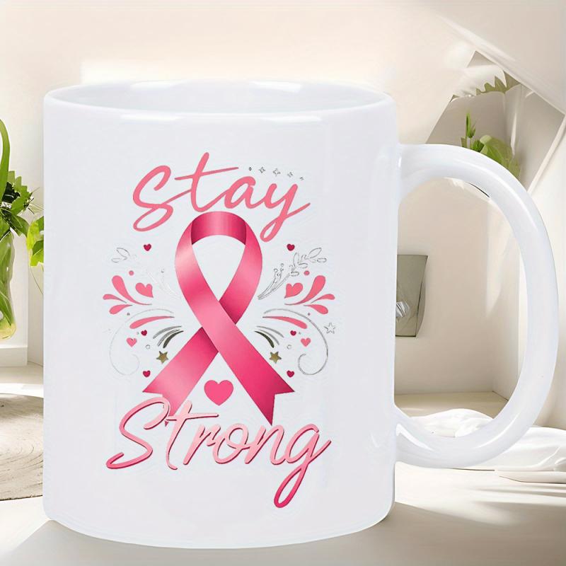 Tailorly White Ceramic 11 oz Mug - Stay Strong Pink Breast Cancer Awareness With Decorative Swirls Hearts Ribbon