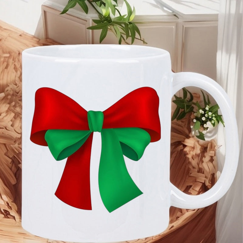 Tailorly White Ceramic 11 oz Mug - Vibrant Festive Red And Green Ribbon Tied Into A Decorative Knot Bow