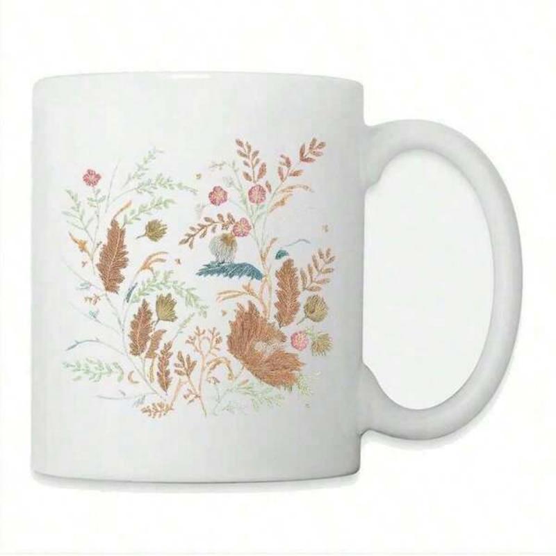 Tailorly White Ceramic 11 oz Mug - Elegant Hand Drawn Muted Tone Botanical Leaves And Blooming Garden Wildflower