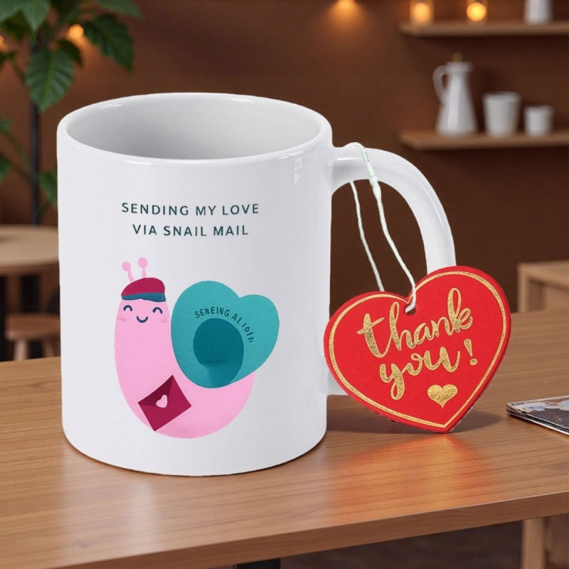 Tailorly White Ceramic 11 oz Mug - Sending My Love Via Snail Mail Adorable Pink Cartoon Snail Carrying A Love Letter Inside Heart Shell Snail