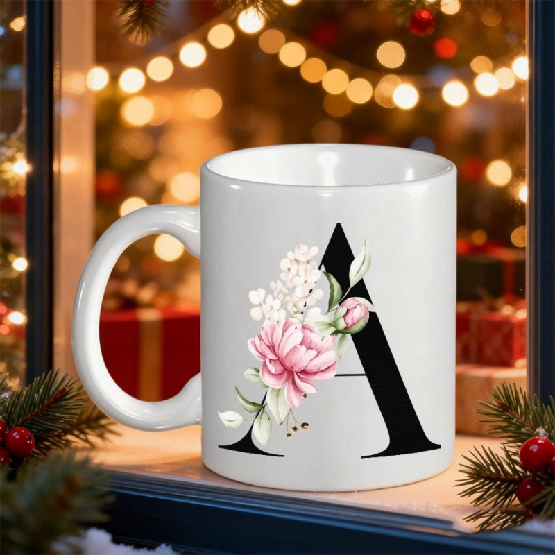 Tailorly White Ceramic 11 oz Mug - A Elegant Pink Blooming Flowers Wrapped Around Bold Black Serif Style Monogram