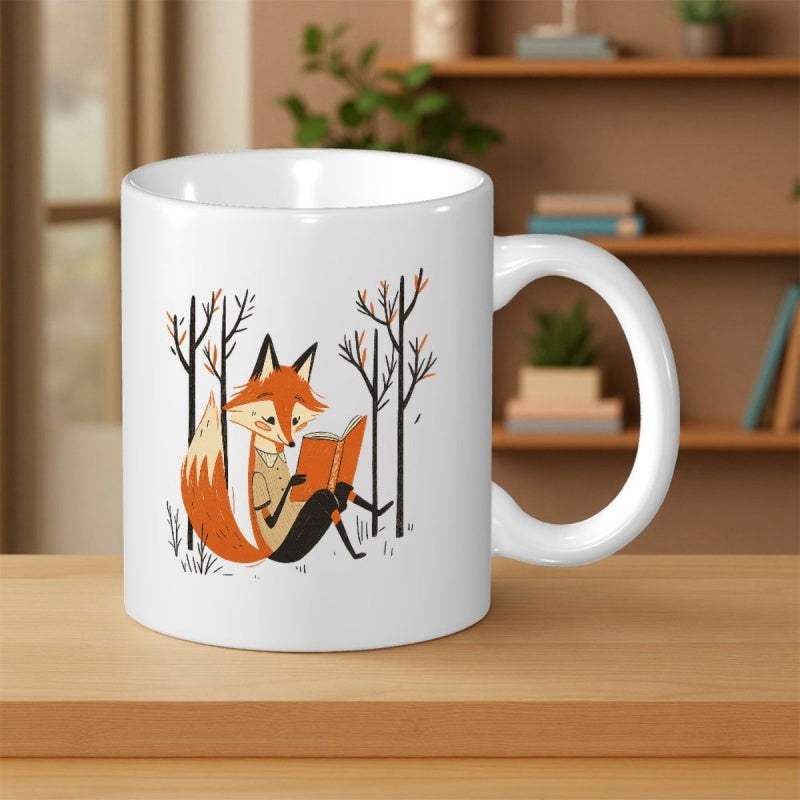 Tailorly White Ceramic 11 oz Mug - Gentle Orange Animal Sitting Among Bare Winter Trees Reading A Story Fox