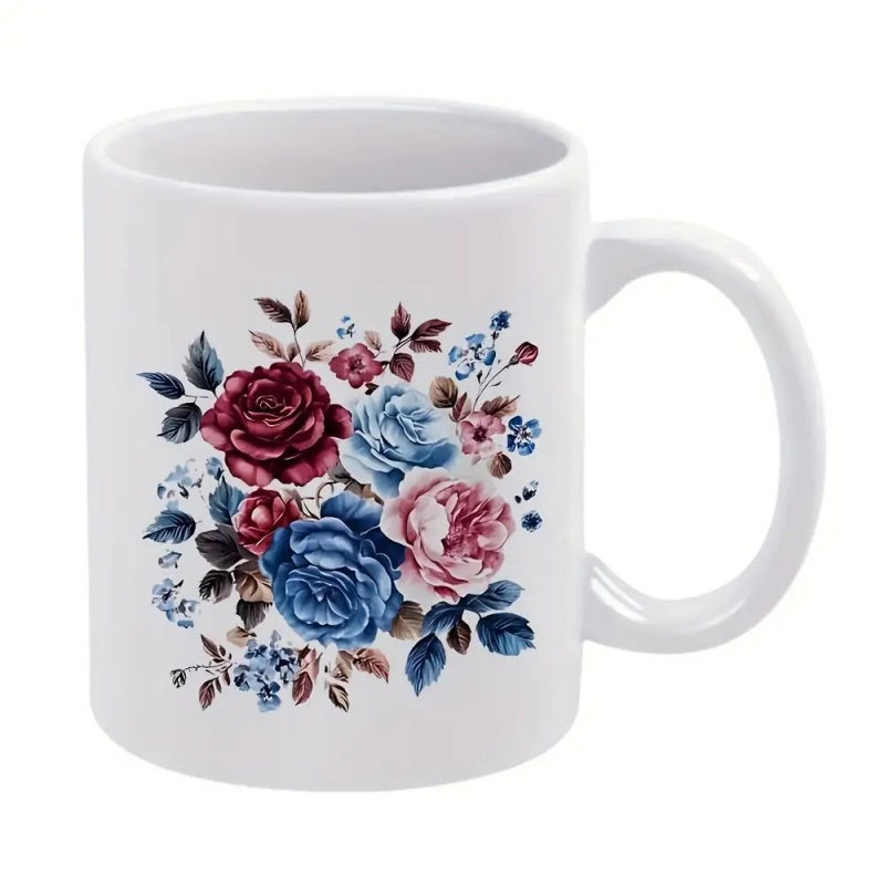 Tailorly White Ceramic 11 oz Mug - Elegant Blooming Vintage Roses With Delicate Petals And Green Leaves Bouquet
