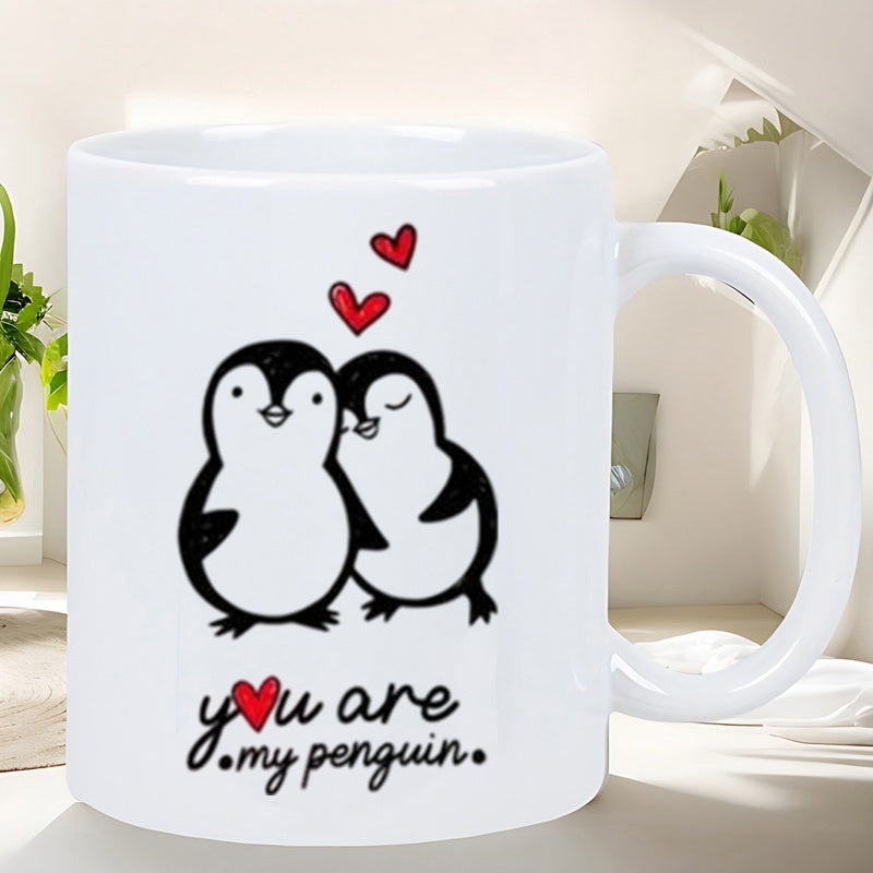Tailorly White Ceramic 11 oz Mug - You Are My Penguin Two Adorable Cartoon Penguins Standing Close Under Floating Red Hearts Penguin