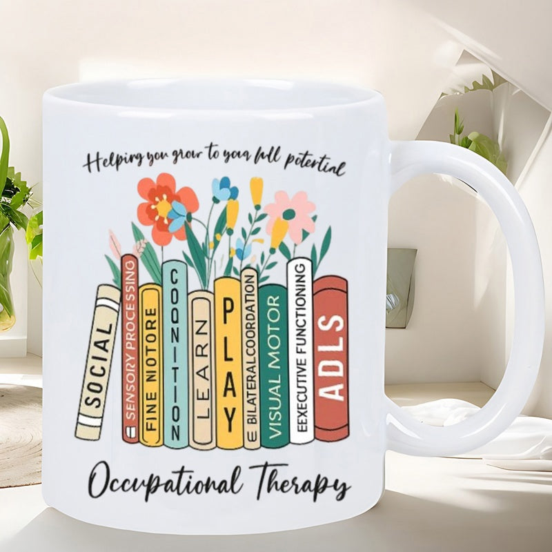 Tailorly White Ceramic 11 oz Mug - Helping You Grow To Your Full Potential Occupational Therapy Colorful Wildflowers Blooming From A Row Of Educational Knowledge