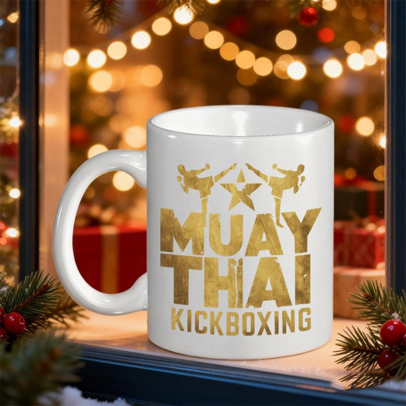 Tailorly White Ceramic 11 oz Mug - Muay Thai Kickboxing Golden Silhouettes Of Dynamic Martial Arts Under A Star Fighter