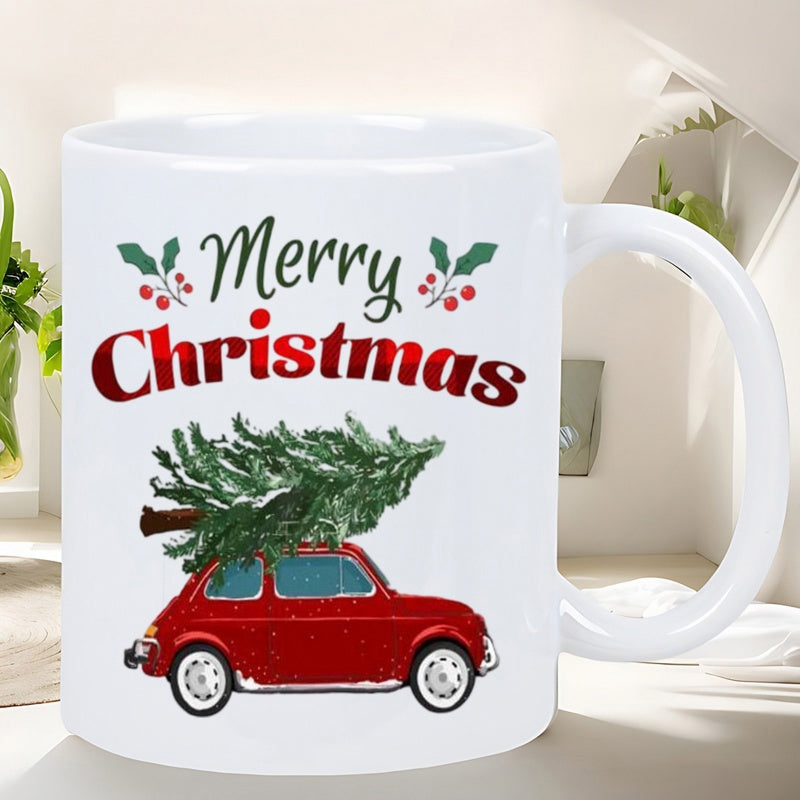Tailorly White Ceramic 11 oz Mug - Merry Christmas Classic Vintage Red Car Carrying Snowy Green Pine Tree Car