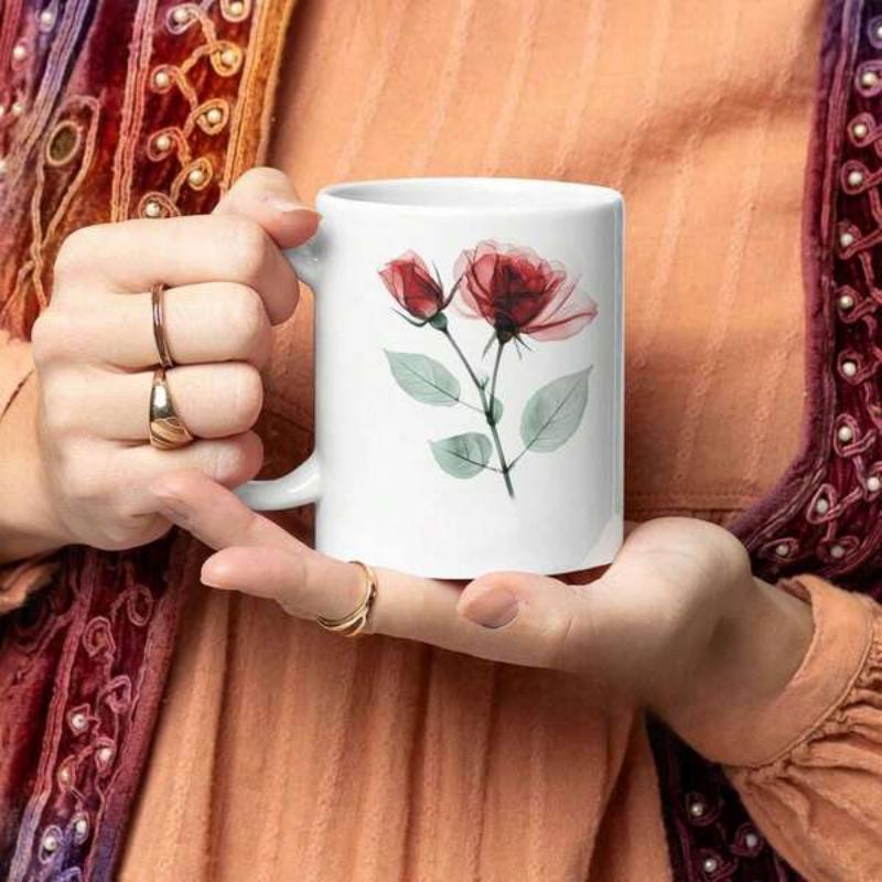 Tailorly White Ceramic 11 oz Mug - Elegant Translucent Red Blossoms Blooming With Soft Green Leaves Flower