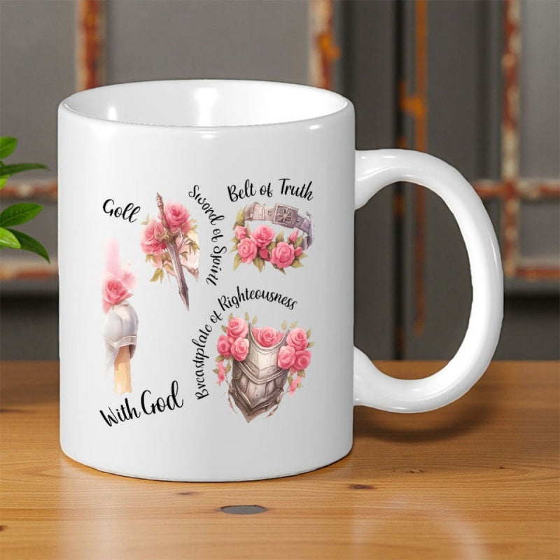 Tailorly White Ceramic 11 oz Mug - Belt Of Truth Sword Of Spirit Breastplate Of Righteousness With God Elegant Watercolor Biblical Elements Adorned With Delicate
