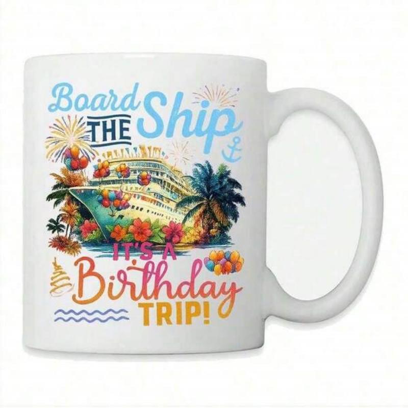Tailorly White Ceramic 11 oz Mug - Board The Ship Birthday Trip Tropical Cruise Liner Sailing Through Festive Fireworks Near Flowers Ship