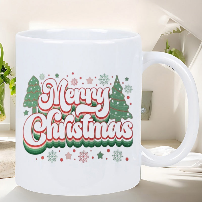 Tailorly White Ceramic 11 oz Mug - Merry Christmas Festive Retro Graphics Surrounded By Stars And Snowflakes Christmas Tree