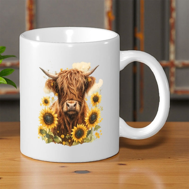 Tailorly White Ceramic 11 oz Mug - Rustic Shaggy Portrait Among Vibrant Blooming Yellow Field Of Sunflowers Cow