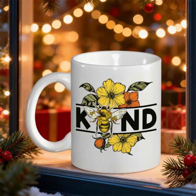 Tailorly White Ceramic 11 oz Mug - Kind Artistic Honeybee Resting Among Vibrant Yellow Flowers And Lush Green Leaves Honeybee