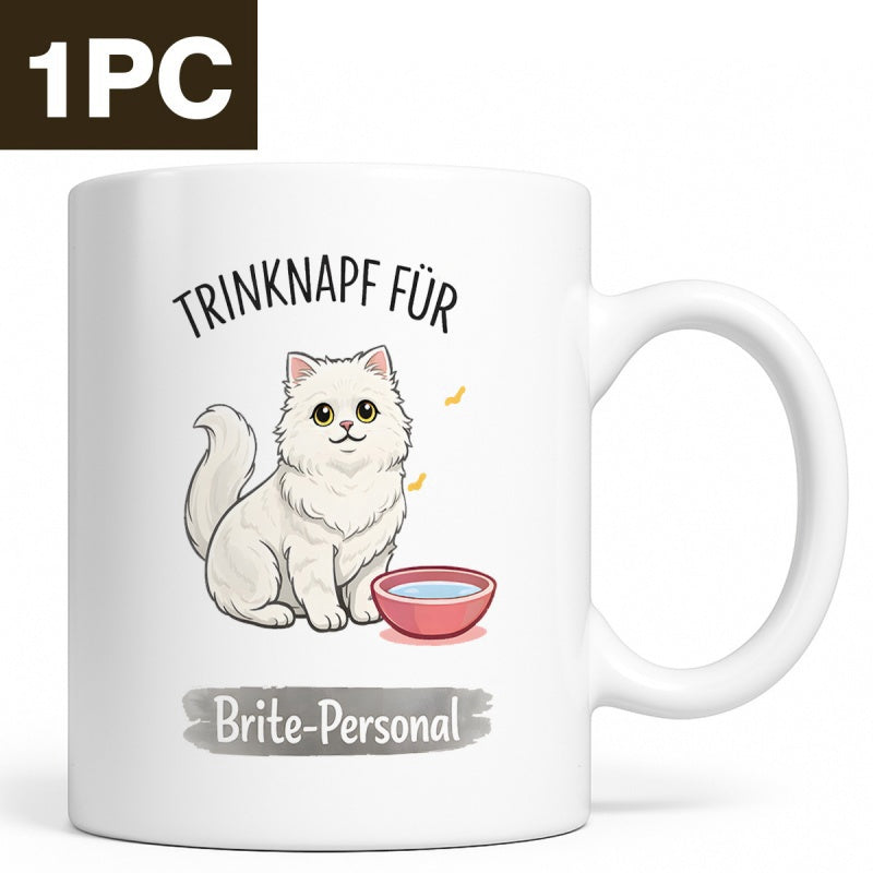 Tailorly White Ceramic 11 oz Mug - Cute Fluffy White Persian Sitting Near A Small Red Water Bowl Cat