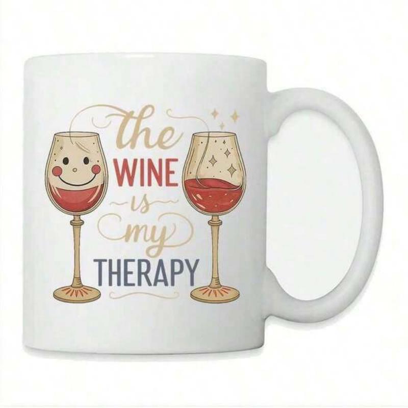 Tailorly White Ceramic 11 oz Mug - The Wine Is My Therapy Two Elegant Glasses Filled With Red Liquid And Sparkling Decorations Wine Glass