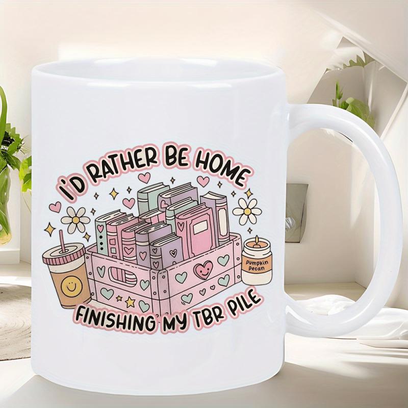 Tailorly White Ceramic 11 oz Mug - Id Rather Be Home Finishing My Tbr Pile Cozy Wooden Crate Filled With Books Under Hearts And Flowers Books