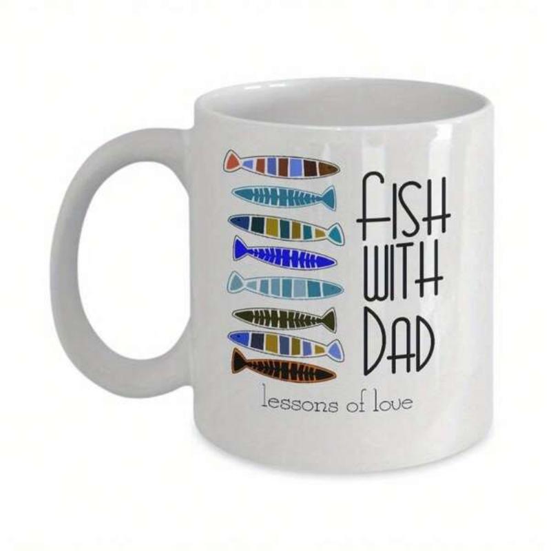 Tailorly White Ceramic 11 oz Mug - Fish With Dad Lessons Of Love Colorful Patterned Aquatic Creatures Swimming Gracefully In A Vertical Stacked Formation Fish