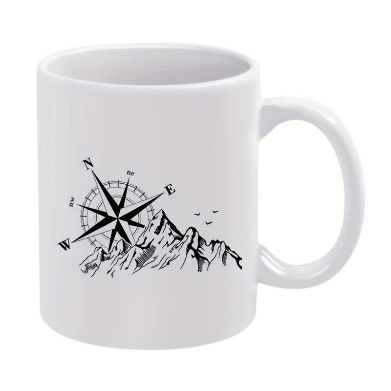 Tailorly White Ceramic 11 oz Mug - Minimalist Black Line Drawing Featuring Majestic Peaks And Nautical Compass Mountain