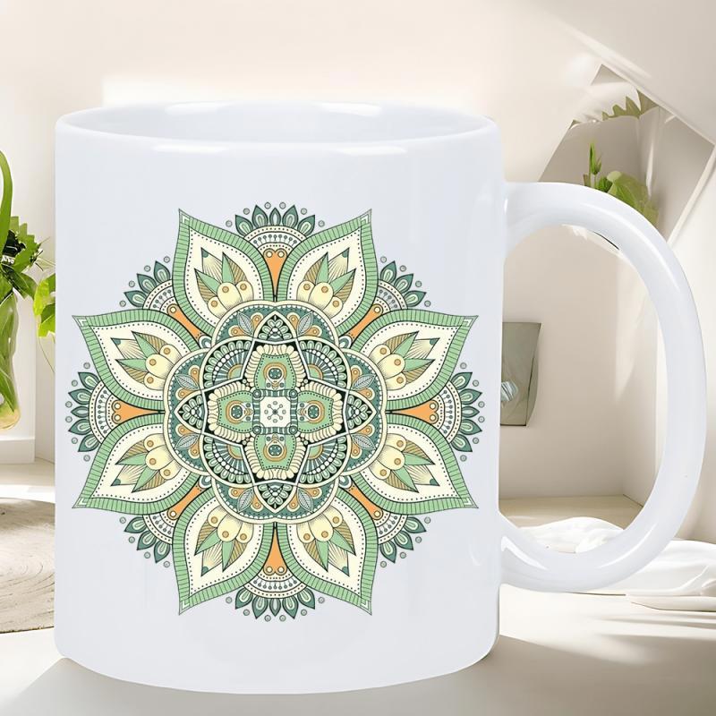 Tailorly White Ceramic 11 oz Mug - Intricate Symmetrical Geometric Folk Art Floral Design In Soft Green Tones Mandala