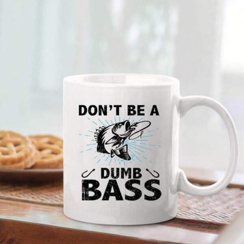 Tailorly White Ceramic 11 oz Mug - Don't Be A Dumb Bass Dynamic Jumping Pose Featuring Sharp Fishing Hooks And Radiating Background Bass